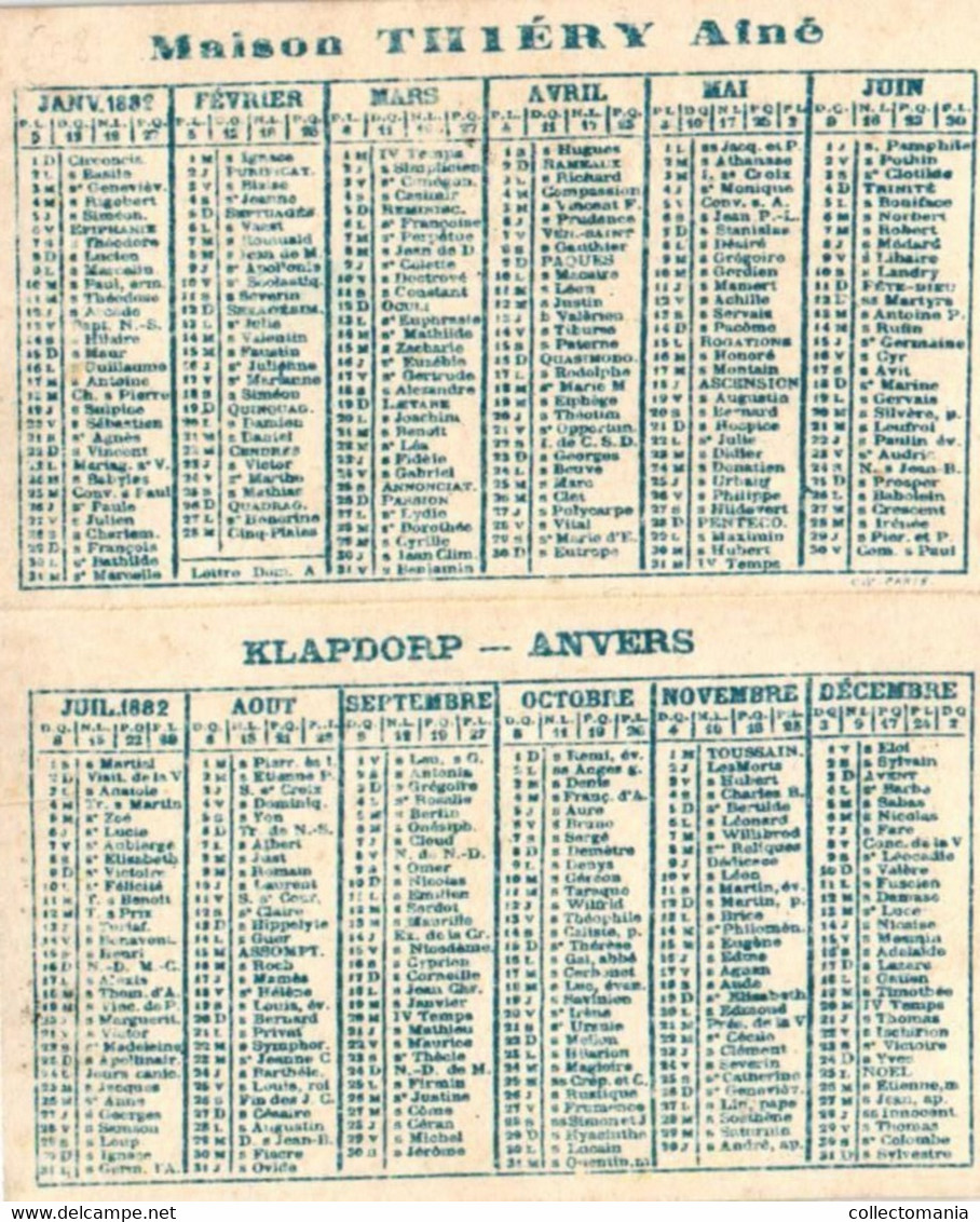 1 Calendrier  1882   Confections Nouveautés  Thiéry Ainé  Anvers Klapdorp - Tamaño Pequeño : ...-1900