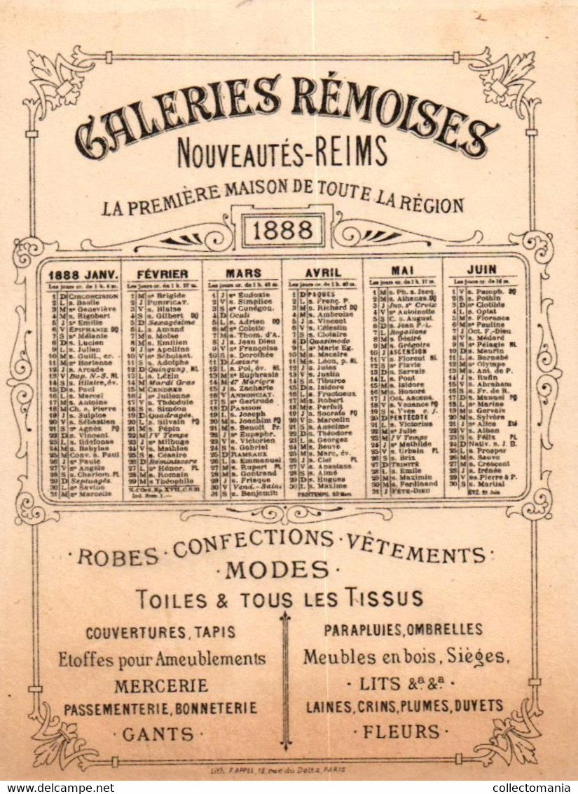 3 Calendriers   1888 Galeries Rémoises REIMS Napoléon Jean Bart  Drouot   Litho APPEL - Kleinformat : ...-1900