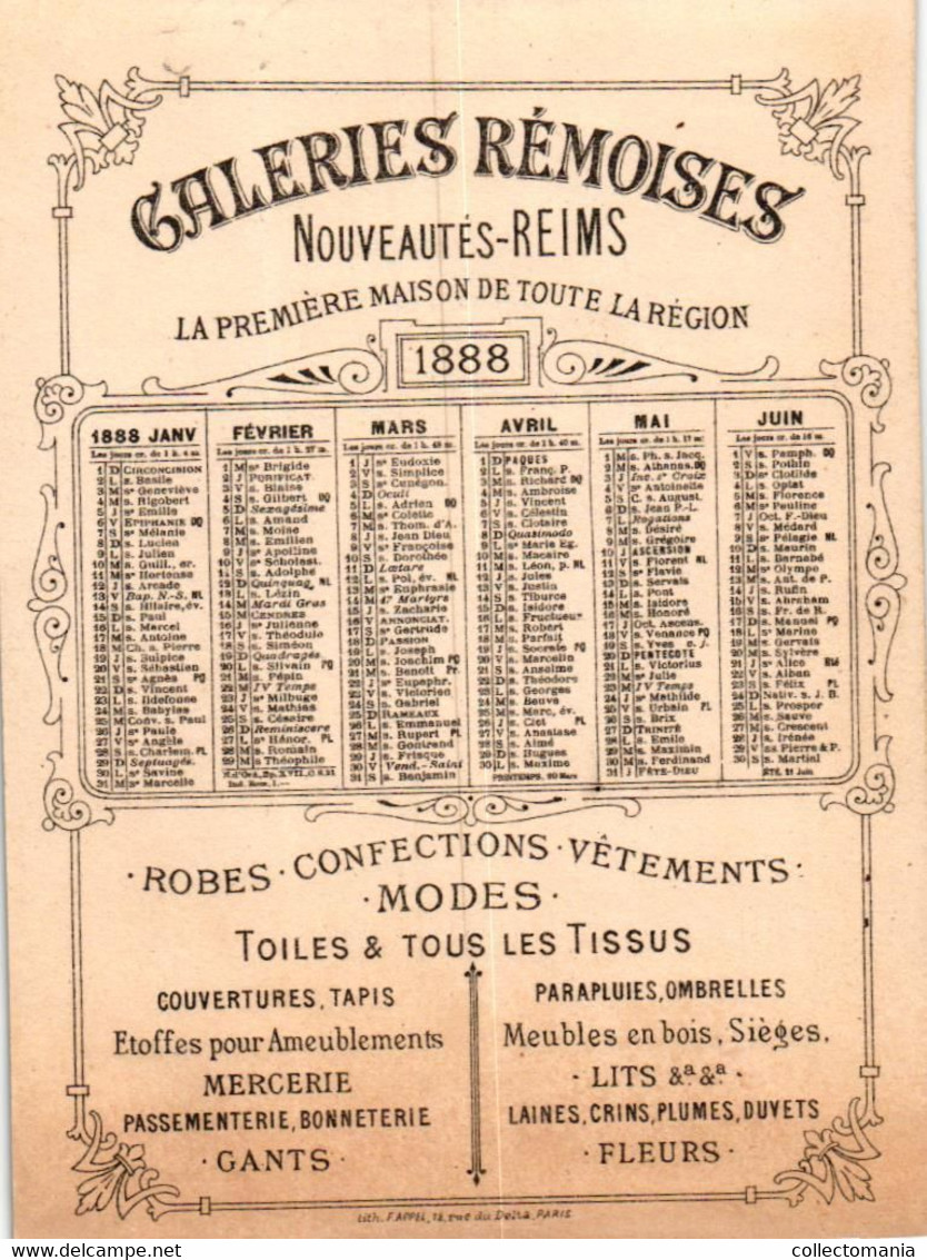3 Calendriers   1888 Galeries Rémoises REIMS Napoléon Jean Bart  Drouot   Litho APPEL - Tamaño Pequeño : ...-1900