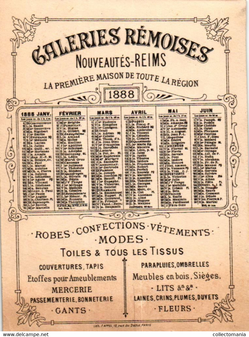 3 Calendriers   1888 Galeries Rémoises REIMS Napoléon Jean Bart  Drouot   Litho APPEL - Petit Format : ...-1900