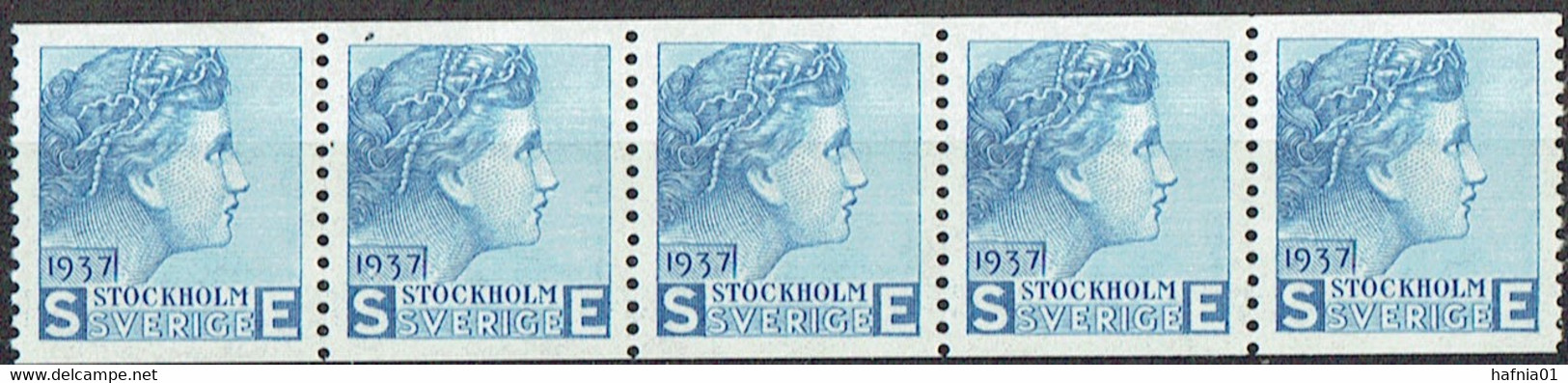 Sweden 1937. Test Stamp By Sven Ewert.  Blue Color.  5-strip. MNH. - Proofs & Reprints