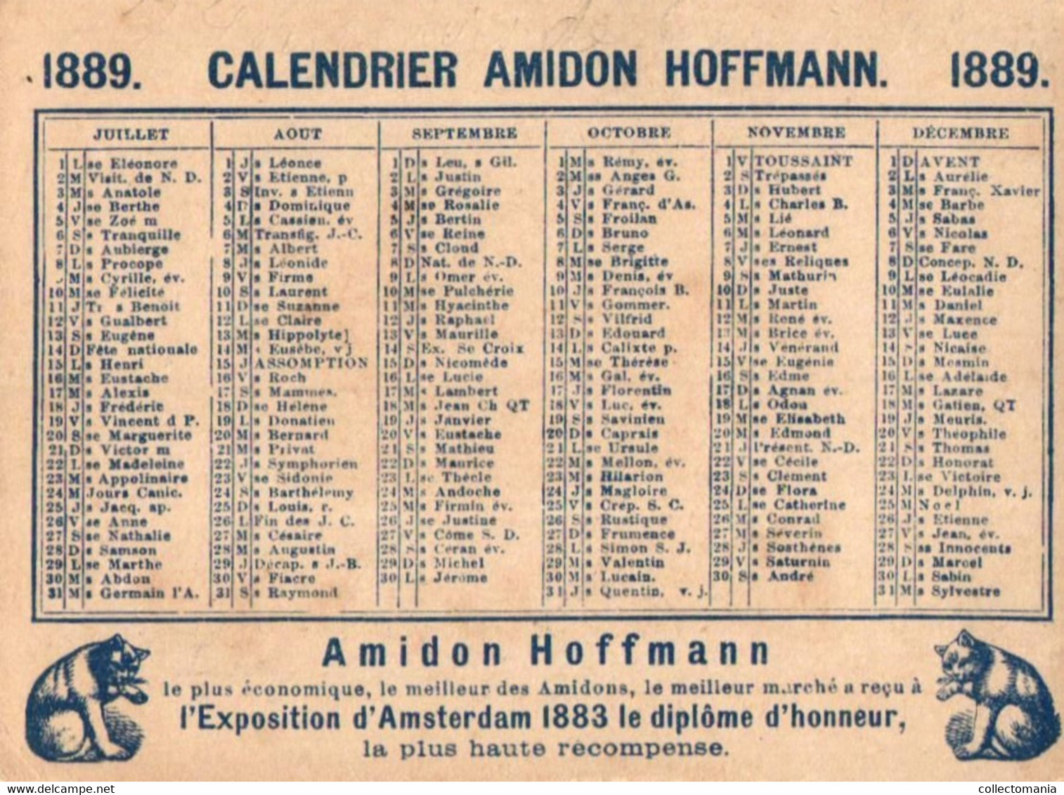 5 Calendriers   1889 Amidon Hoffmann  Sanglier Chats