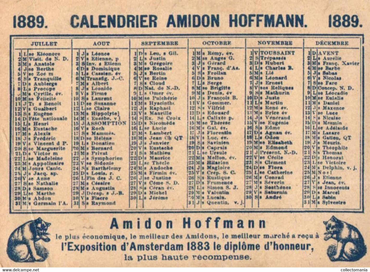 5 Calendriers   1889 Amidon Hoffmann  Sanglier Chats