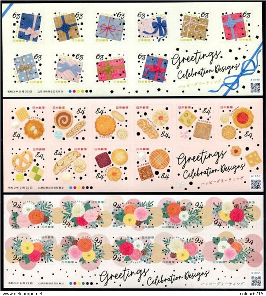 Japan 2021 Greetings: Celebration Designs/Flowers,Gifts & Cookies Stamp Sheetlet*3 MNH - Ongebruikt