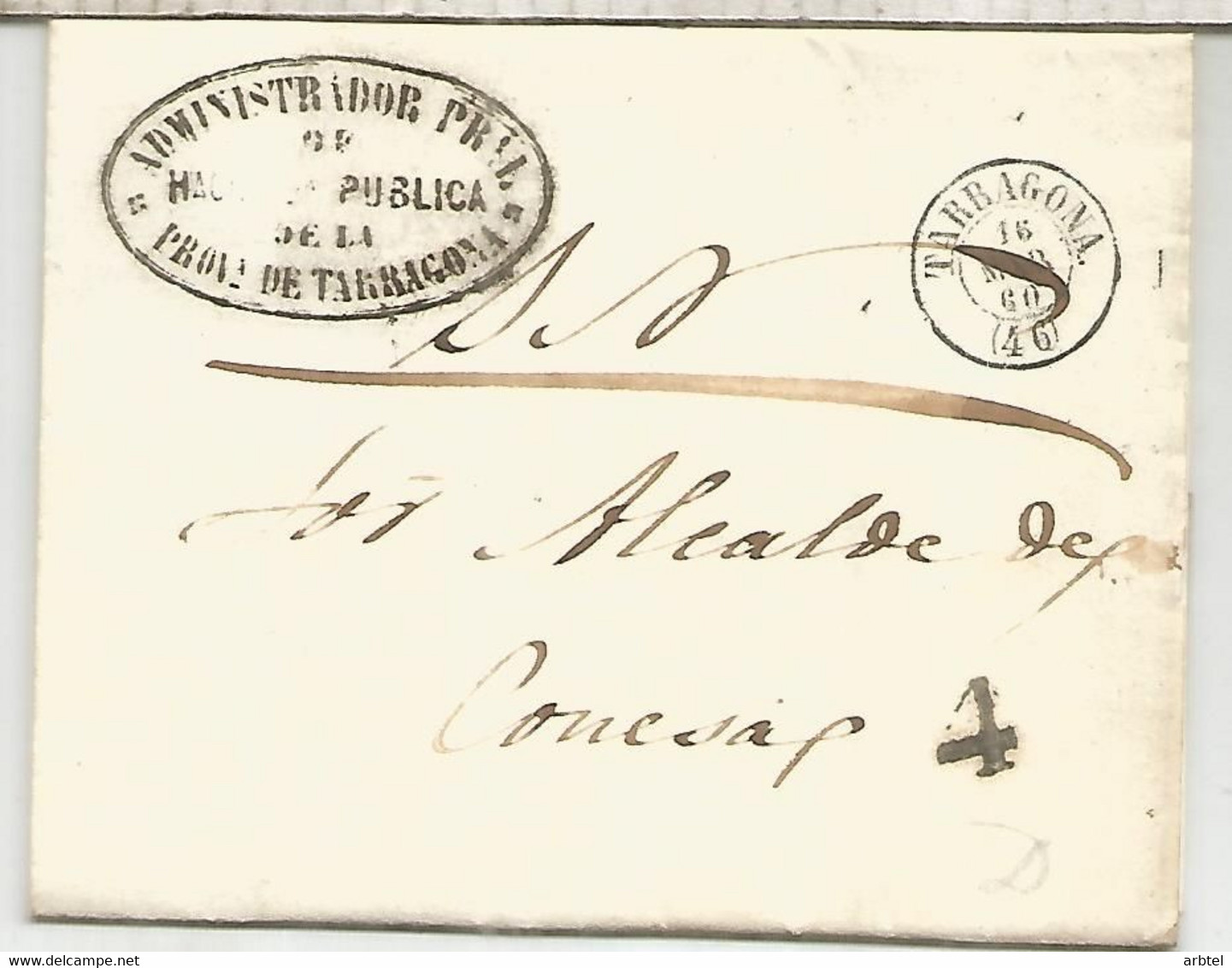 TARRAGONA A CONESA 1860 FRANQUICIA SN AL DORSO MAT CERVERA LERIDA DEL ADMINISTRADOR DE LA HACIENDA PUBLICA - Franchigia Postale