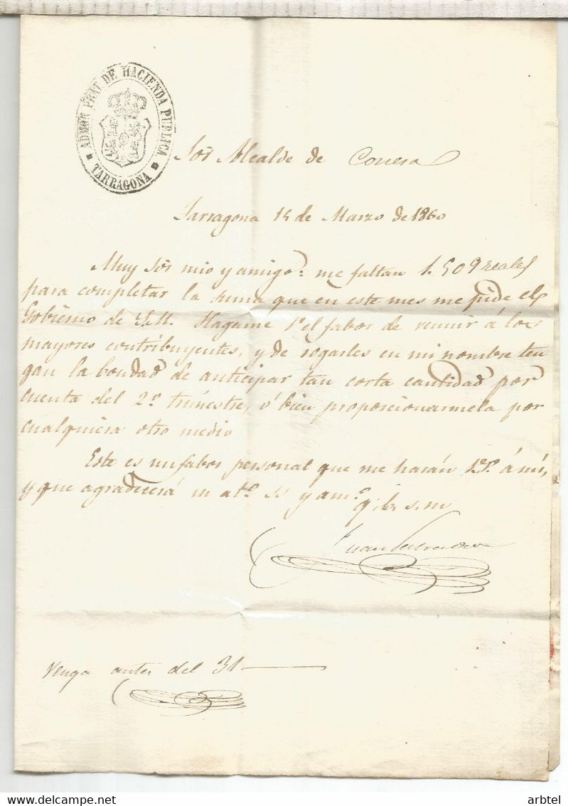 TARRAGONA A CONESA 1860 FRANQUICIA SN AL DORSO MAT CERVERA LERIDA DEL ADMINISTRADOR DE LA HACIENDA PUBLICA - Franchise Postale