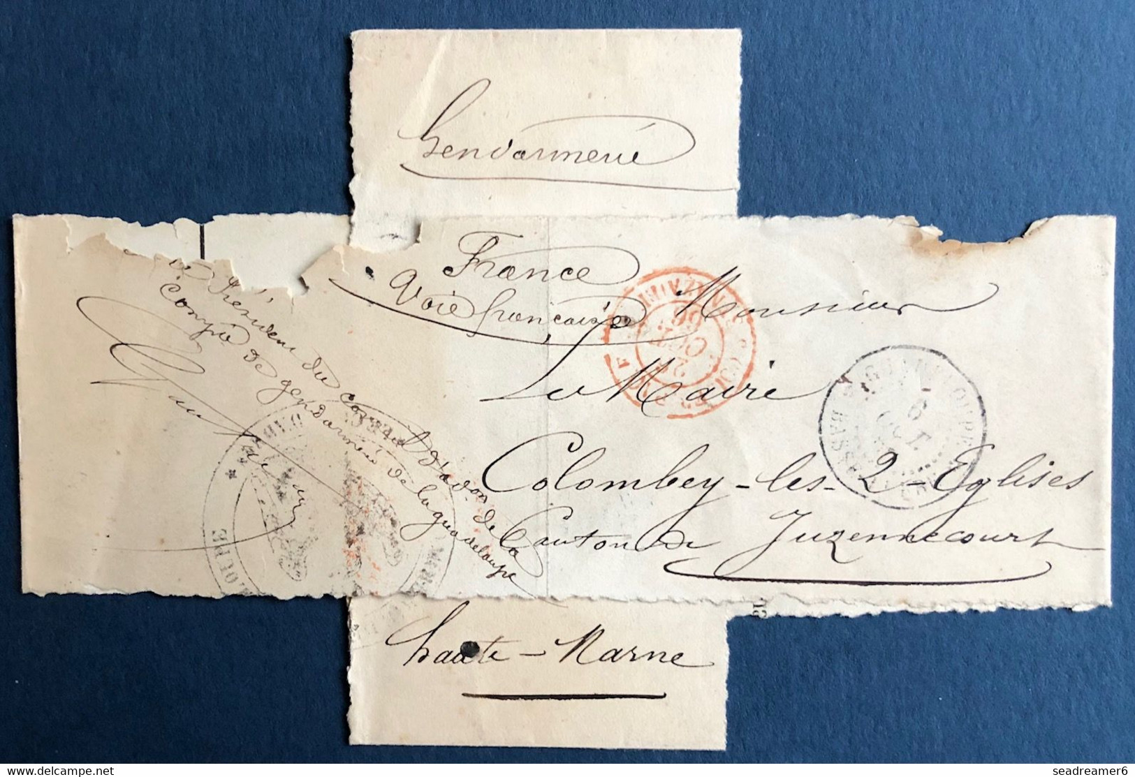 Bandes Guadeloupe 1866 Cachet De La Gendarmerie De La Guadeloupe Pour Colombey Les 2 Eglises Par Voie Française RR - Cartas & Documentos