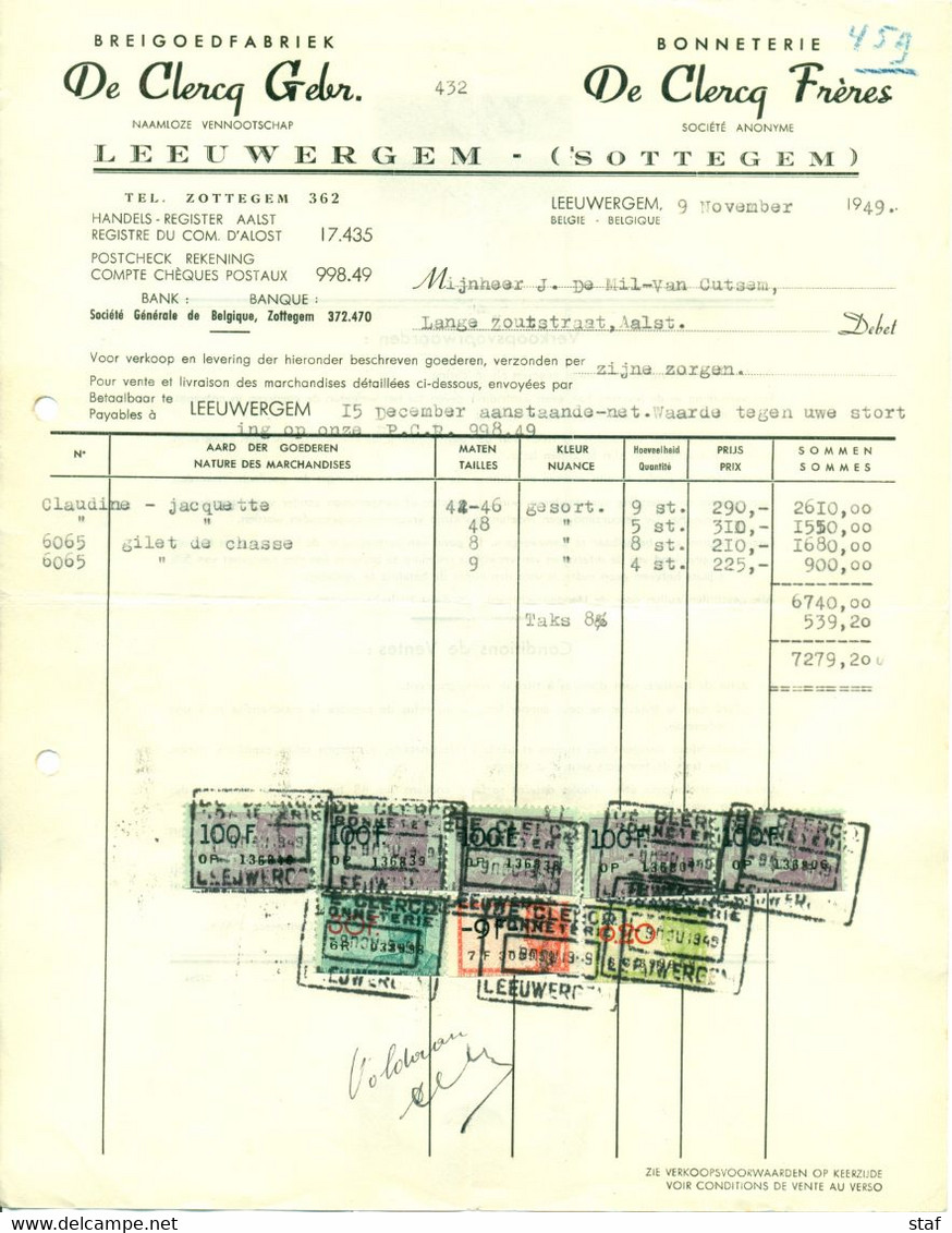 Oude Factuur Breigoedfabriek - Bonneterie De Clercq Gebr. Te Leeuwergem - Zottegem - Textile & Vestimentaire