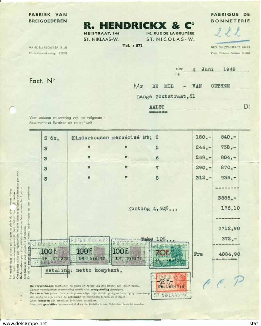 Oude Factuur Fabriek Van Breigoederen R. Hendrickx & Co Te Sint-Niklaas  : 1949 - Kleding & Textiel