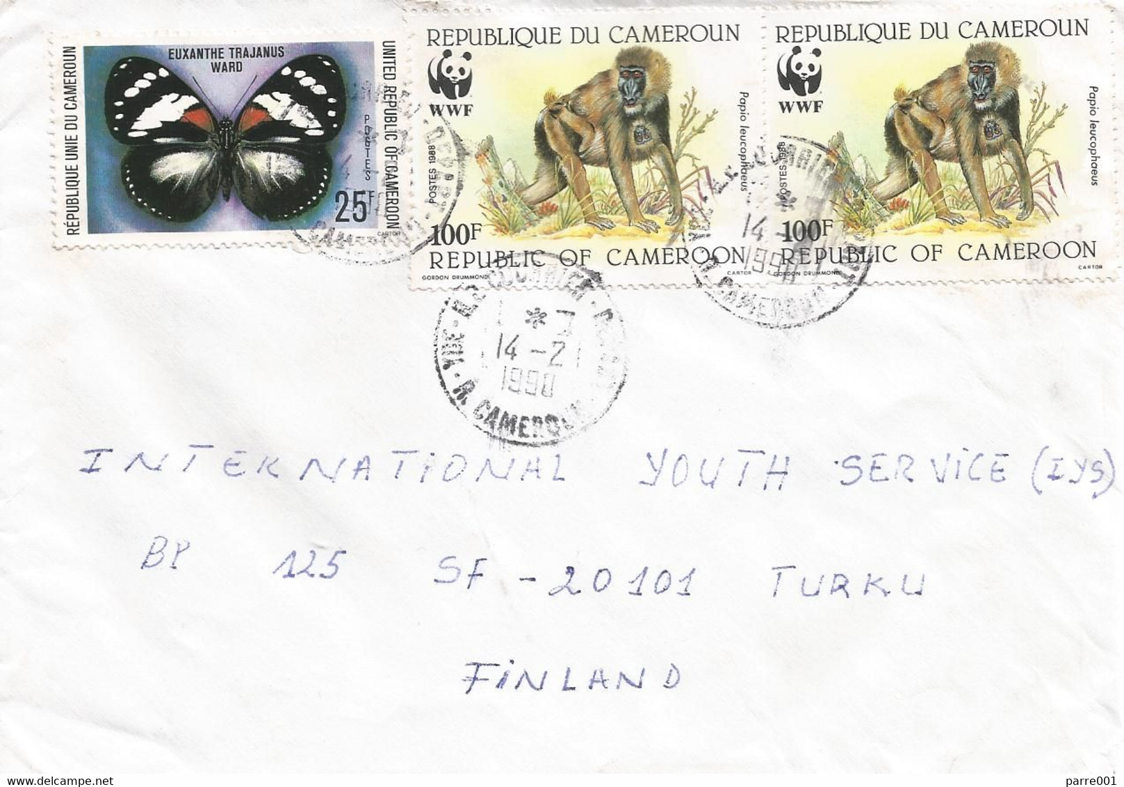 Cameroon Cameroun 1990 Yaounde WWF Drill Ape Monkey Trajan's Forest Queen Euxanthe Trajanus Butterfly Cover - Brieven En Documenten