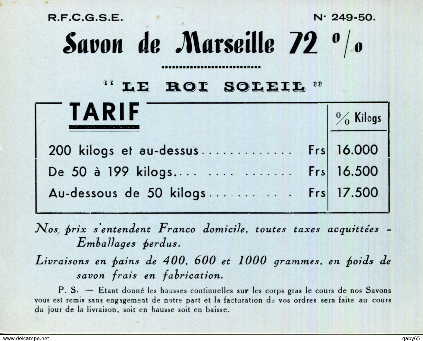 CARTON TARIF.SAVON DE MARSEILLE 72 % " LE ROI SOLEIL. " - Non Classés