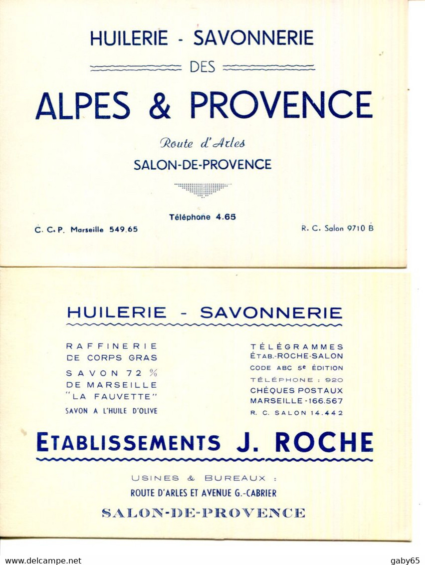 2 CARTES DE VISITE.13.SALON DE PROVENCE.HUILERIE - SAVONNERIE J.ROCHE & ALPES & PROVENCE. - Non Classés