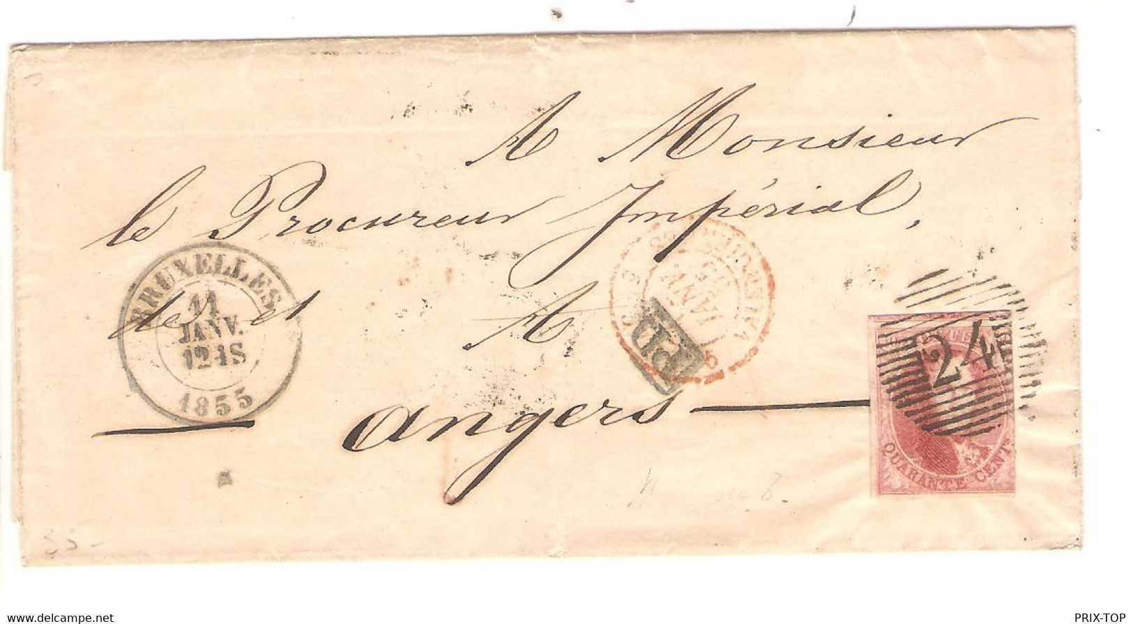 SP54/ TP 8 3 Marges S/LSC Obl. à Barres 24 C.Bruxelles  11/1/1855 > Procureur Impérial à Angers Verso Divers Cachets - Postmarks - Lines: Perceptions