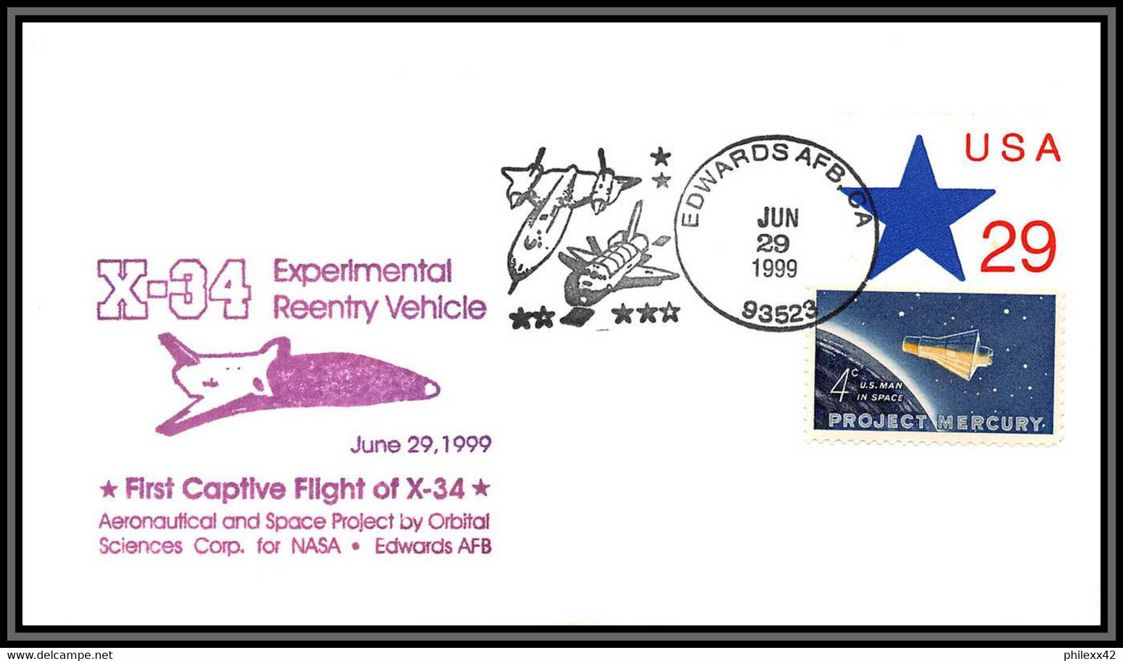 3744 Espace (space) Entier Postal Stationery Usa 29/6/1999 First Captive Flight Of X-34 Edwards - Etats-Unis