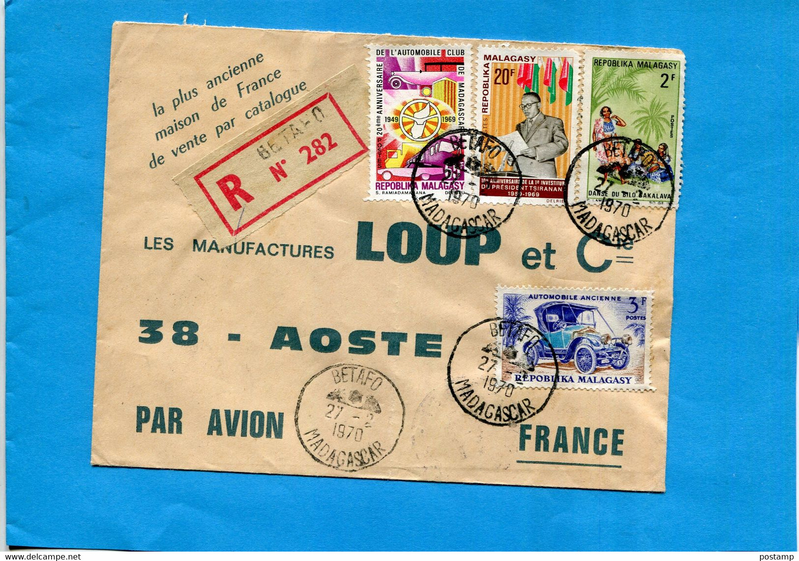 Madagascar-letter-Registered 1970- Cad-Betaho-4 Stamps-N°463 Auomobile Club+464+443+470 Auto - Madagaskar (1960-...)