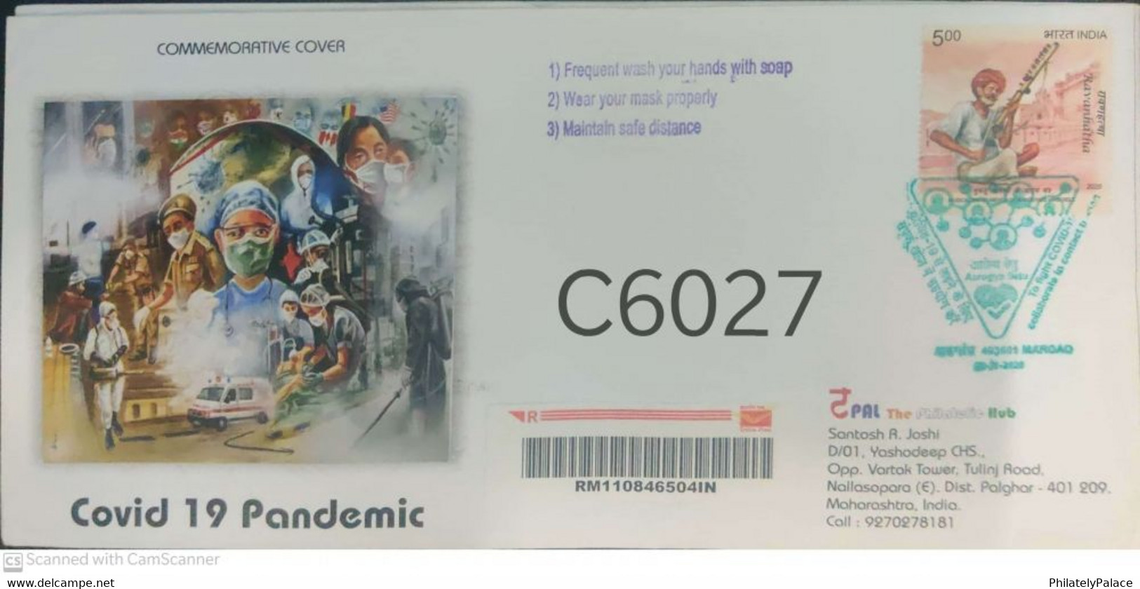 India 2021 Cover Cancelled Registered COVID-19 Vaccine Mask Virus Corona Coronavirus MNH (**) Inde Indien - Brieven En Documenten