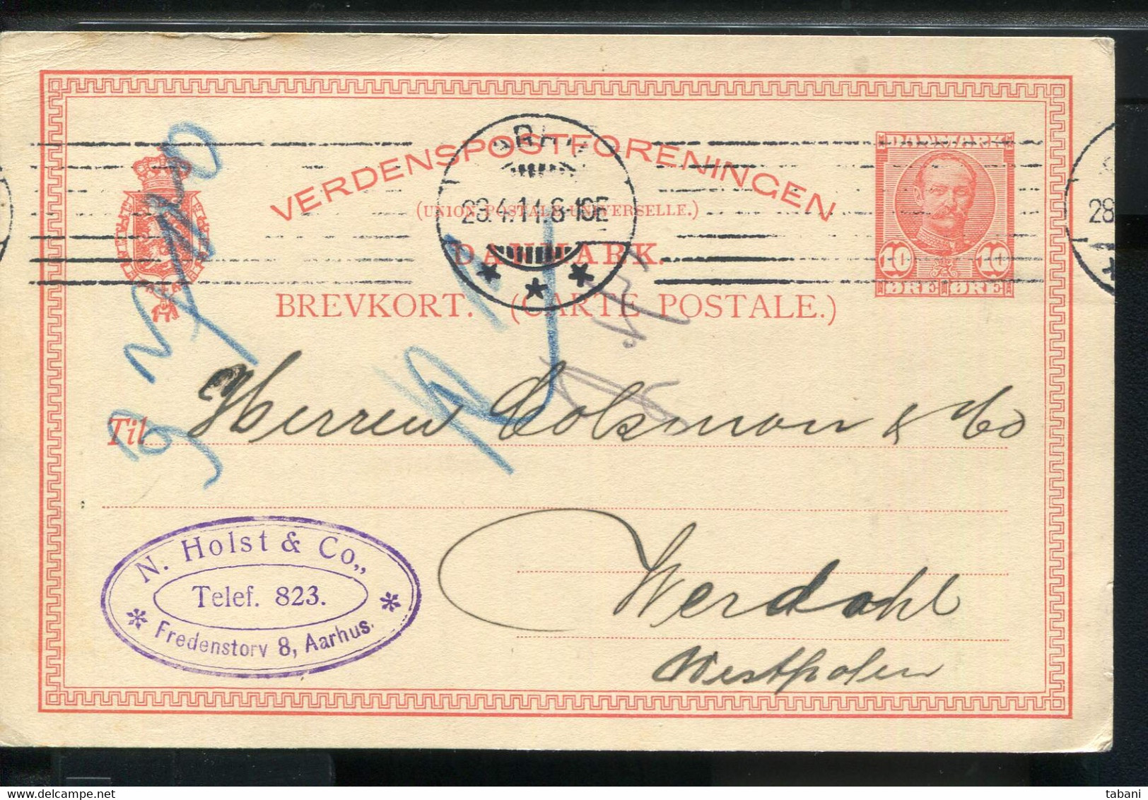 DENMARK 1911 POSTAL STATIONARY CARD TO WERDHOL GERMANY..PRIVATE CANCEL... - Covers & Documents
