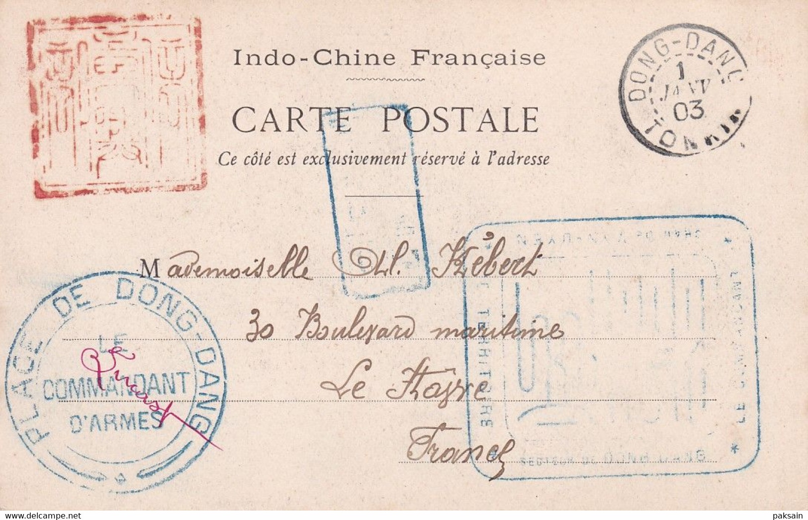 Vietri Carte Postale Avec Cachet Bleu PLACE DE DONG-DANG LE COMMANDANT D'ARMES + Cachet Rouge Tombstone Indochine Tonkin - Cartas & Documentos