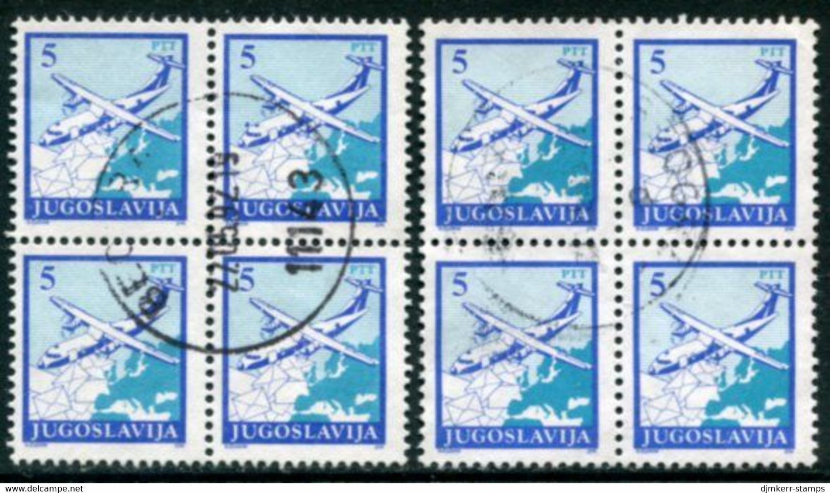 YUGOSLAVIA 1990 Revalued Postal Services Definitive 5 D. Both Perforations Blocks Of 4 Used.  Michel 2399A,C - Oblitérés