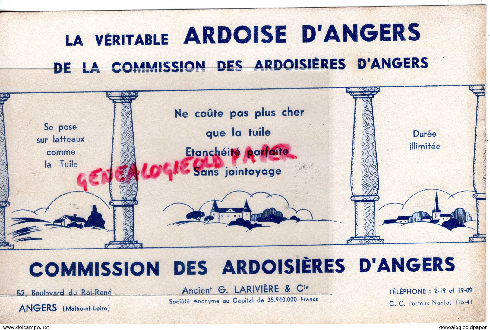 49- ANGERS- RARE BUVARD ARDOISE COMMISSION ARDOISIERES - G. LARIVIERE -52 BOULEVARD DU ROI RENE -ARDOISIERE - Other & Unclassified