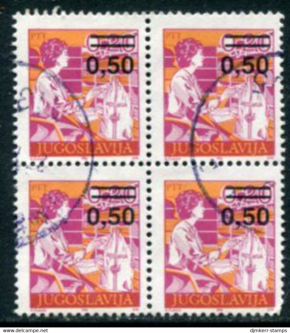 YUGOSLAVIA 1990 Surcharge 0.50 On 2 D. Perforated 13¼ Block Of 4  MNH / **.  Michel 2437A - Oblitérés