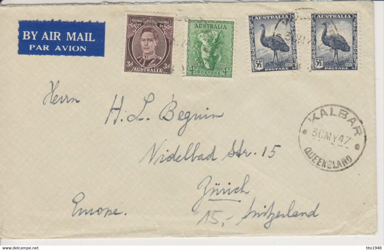 Australia, 30. My 1947, Airmail  Cover Kalbar To Switzerland, See Scans! - Storia Postale