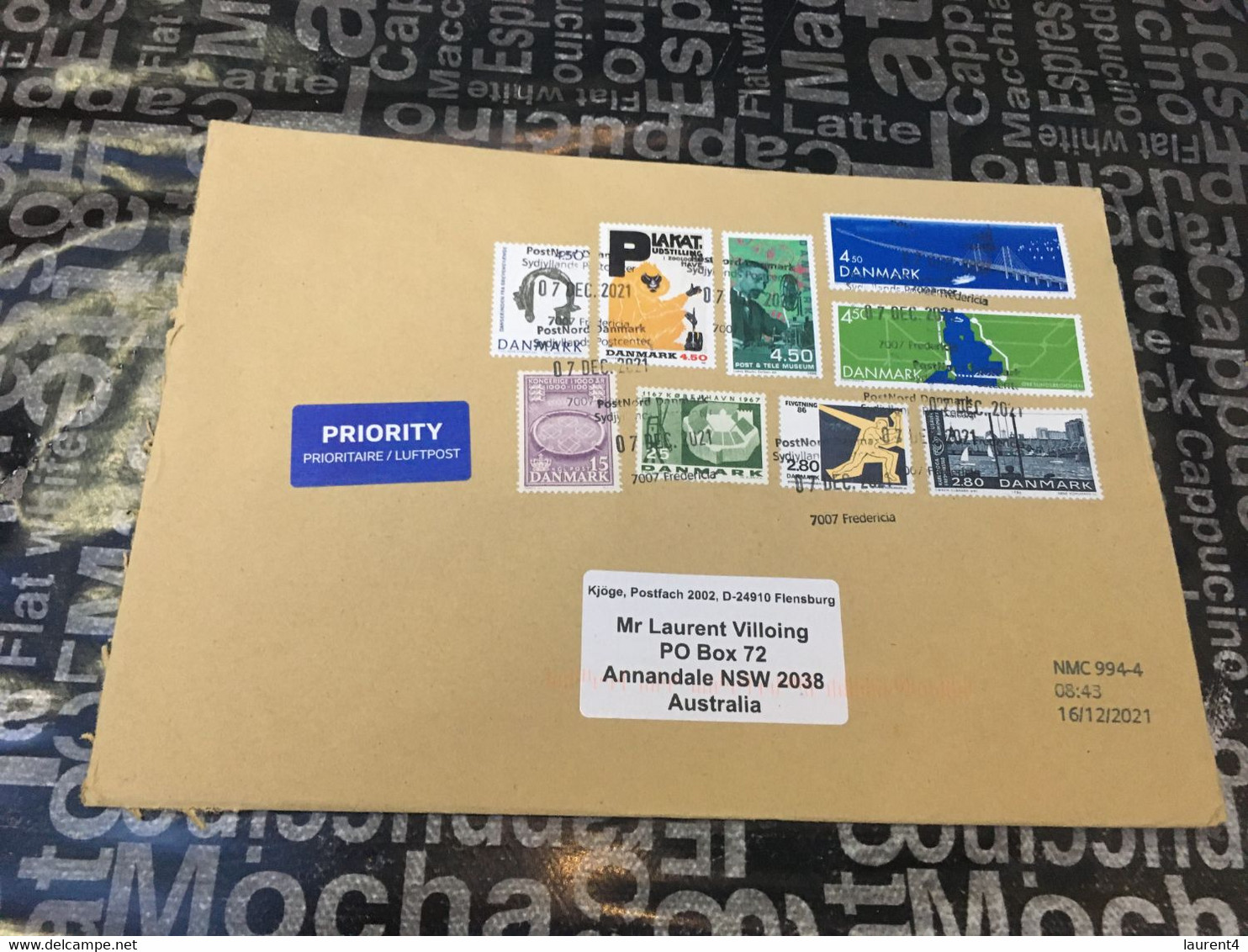 (2 E 31) Large Letter Priority From Denmark To Australia (posted During COVID-19 Pandemic) 9 Stamps - Cartas & Documentos