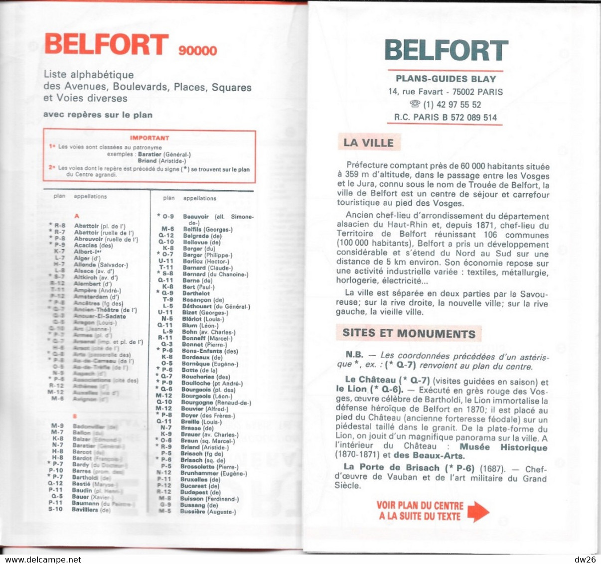 Plan Guide Blay: Belfort Et Son Agglomération En 1987, Tourisme, Index Des Rues - Autres & Non Classés