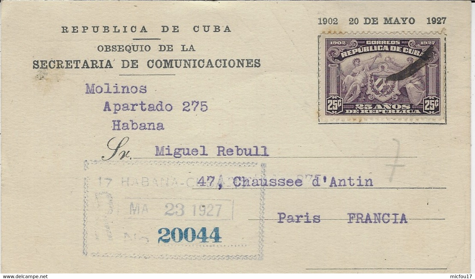 1927- Postcard From HABANA  Fr. 25 C  To Paris - Brieven En Documenten