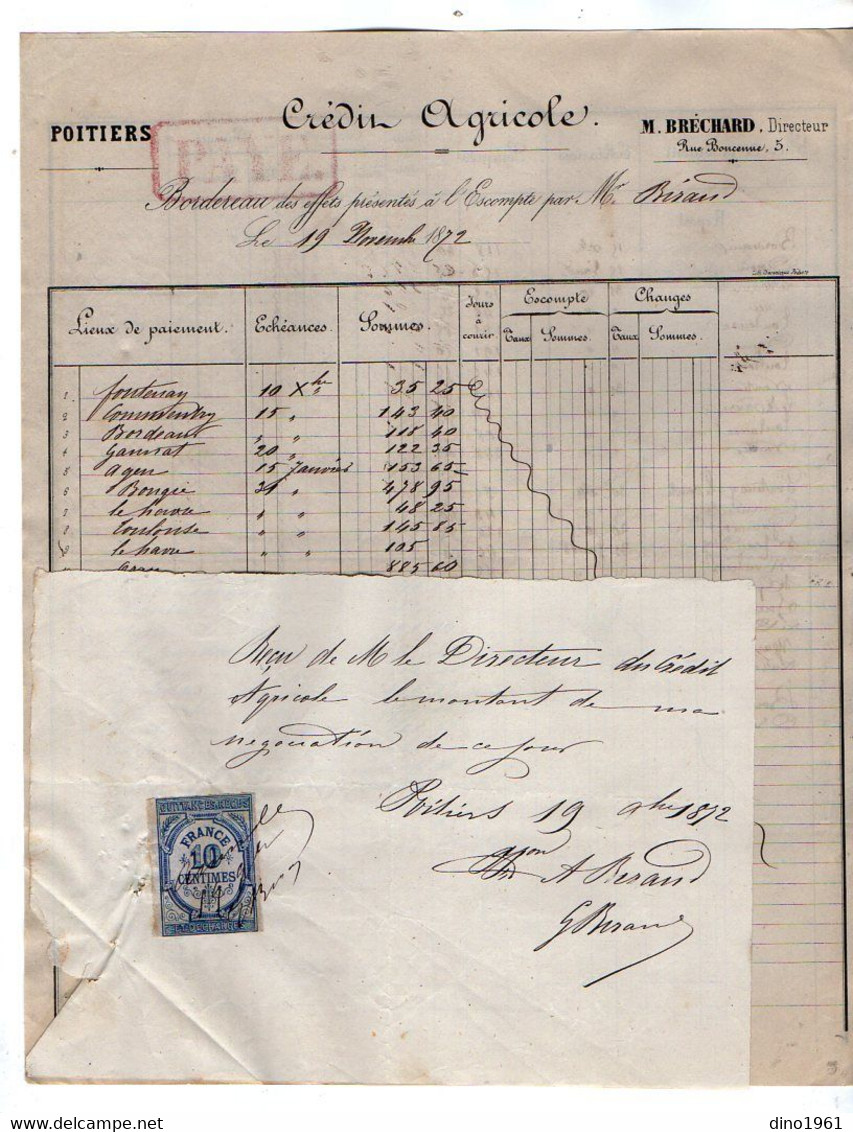 VP18.821 - 1872 - Reçu & Bordereau - Crédit Agricole M. BRECHARD Directeur à POITIERS - Banque & Assurance