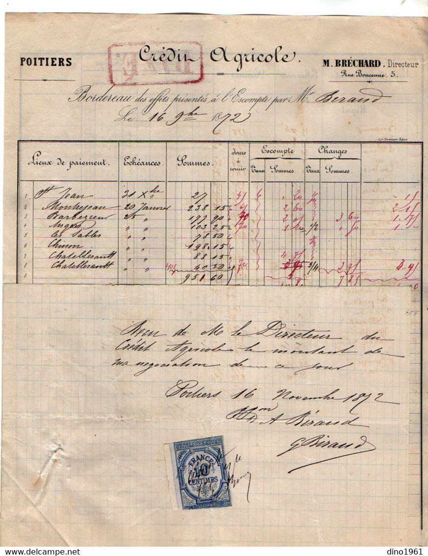 VP18.822 - 1872 - Reçu & Bordereau - Crédit Agricole M. BRECHARD Directeur à POITIERS - Banco & Caja De Ahorros