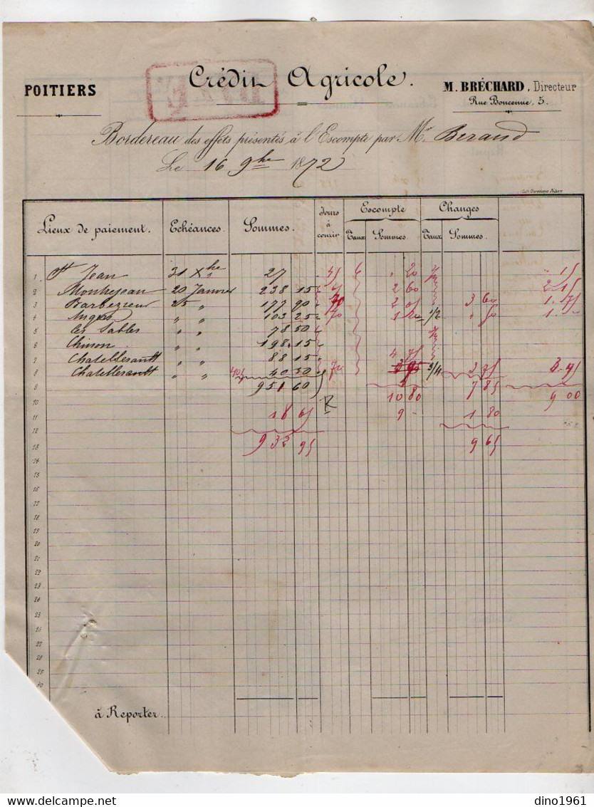 VP18.822 - 1872 - Reçu & Bordereau - Crédit Agricole M. BRECHARD Directeur à POITIERS - Banque & Assurance