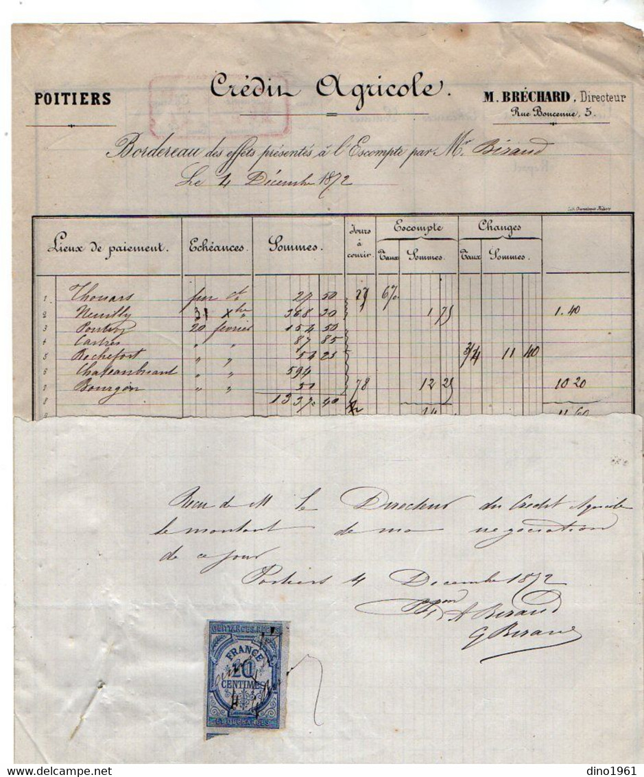 VP18.824 - 1872 - Reçu & Bordereau - Crédit Agricole M. BRECHARD Directeur à POITIERS - Banque & Assurance