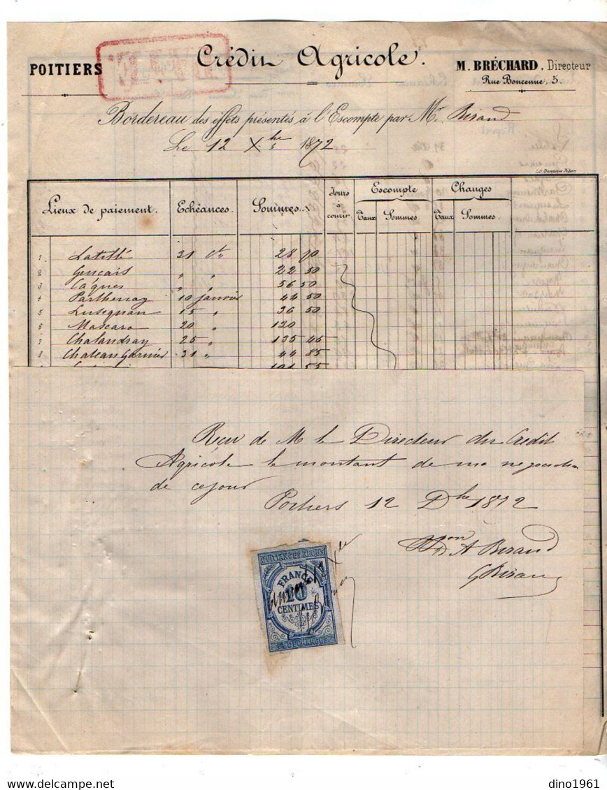 VP18.825 - 1872 - Reçu & Bordereau - Crédit Agricole M. BRECHARD Directeur à POITIERS - Banco & Caja De Ahorros