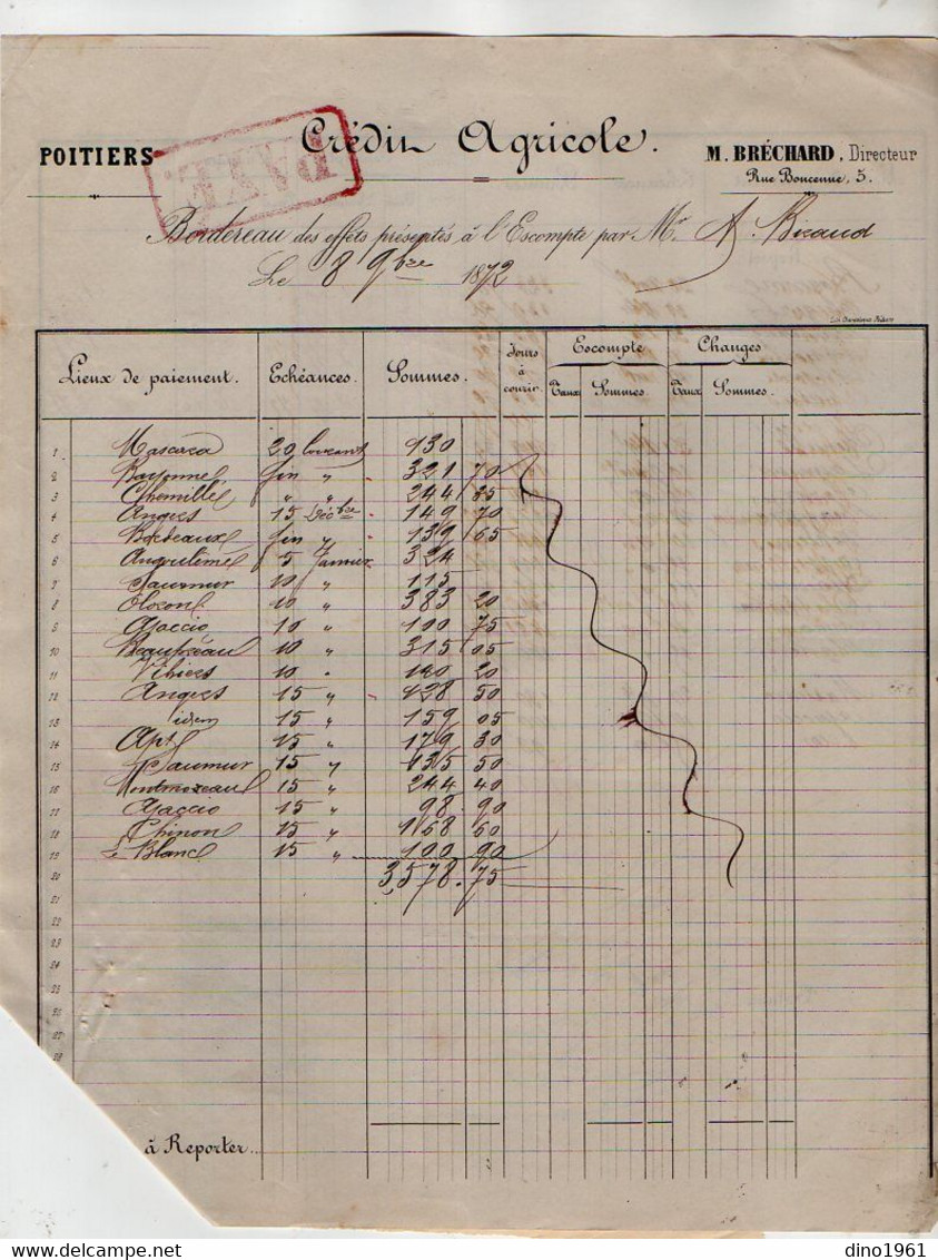 VP18.827 - 1872 - Reçu & Bordereau - Crédit Agricole M. BRECHARD Directeur à POITIERS - Banque & Assurance