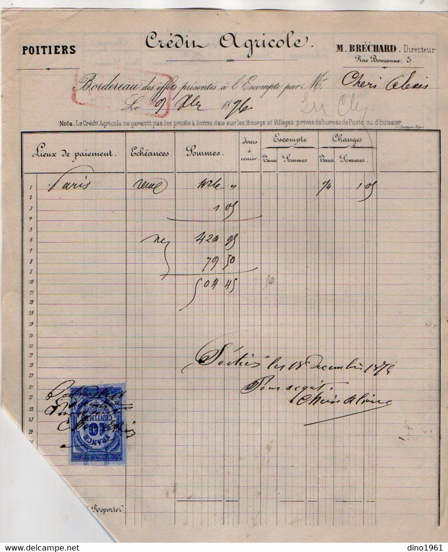 VP18.828 - 1876 - 2 Bordereaux - Crédit Agricole M. BRECHARD Directeur à POITIERS - Banque & Assurance