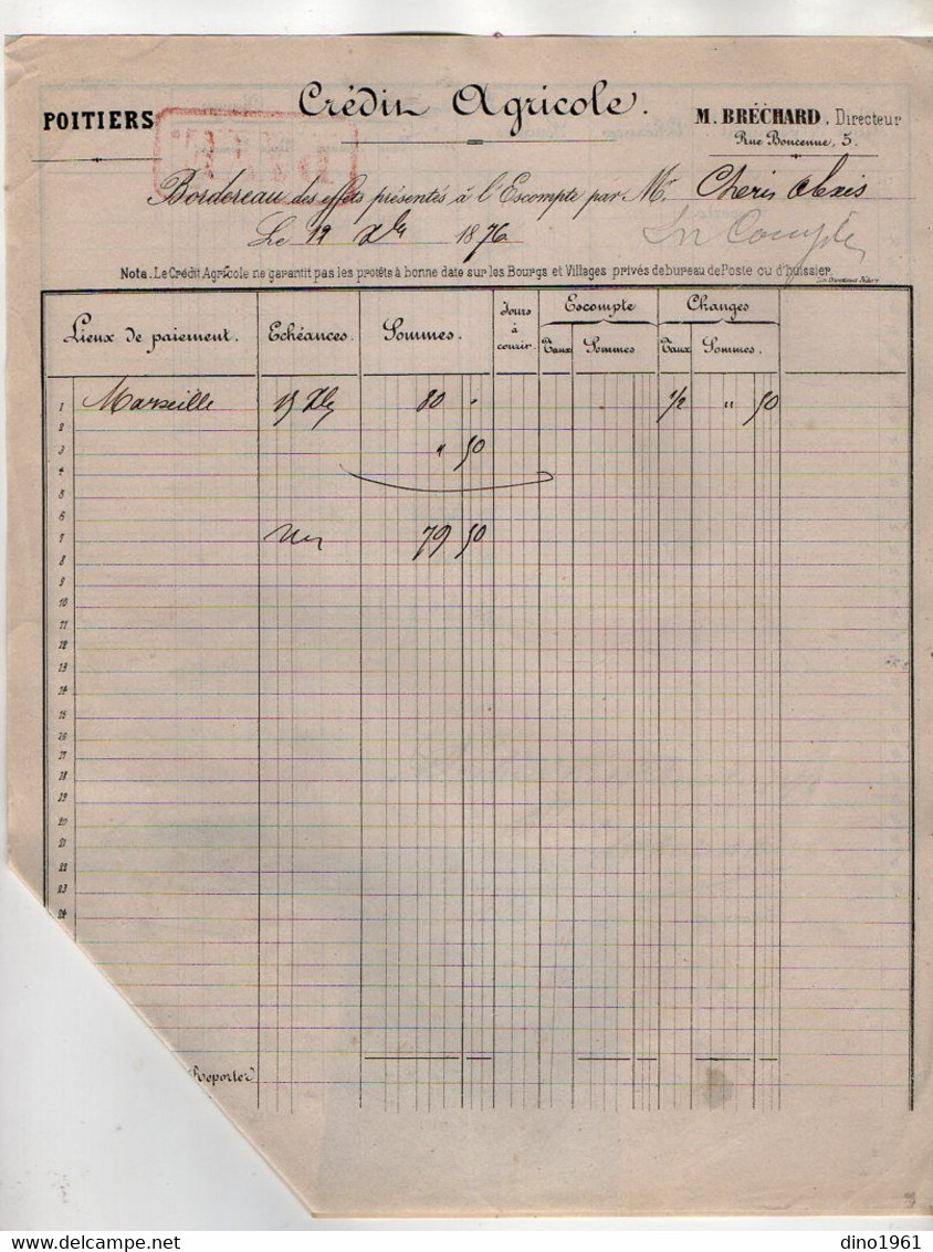 VP18.828 - 1876 - 2 Bordereaux - Crédit Agricole M. BRECHARD Directeur à POITIERS - Banque & Assurance