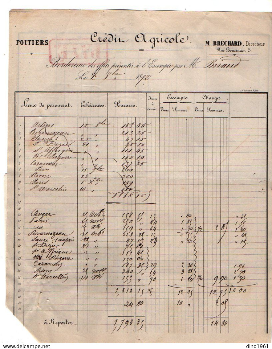 VP18.833 - 1872 - Reçu & Bordereau - Manufacture Centrale A. BIRAUD & Crédit Agricole M.BRECHARD Directeur à POITIERS - Banco & Caja De Ahorros