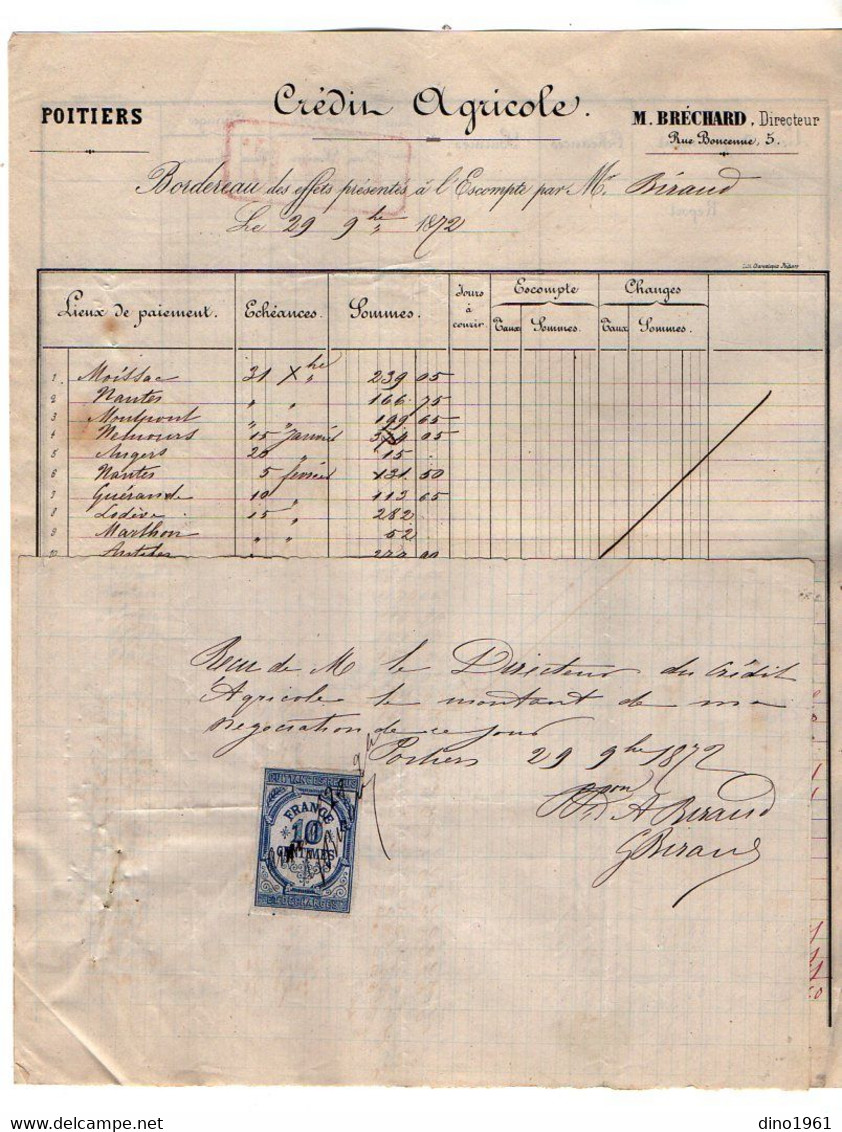 VP18.834 - 1872 - Reçu & Bordereau - Crédit Agricole M.BRECHARD Directeur à POITIERS - Banco & Caja De Ahorros