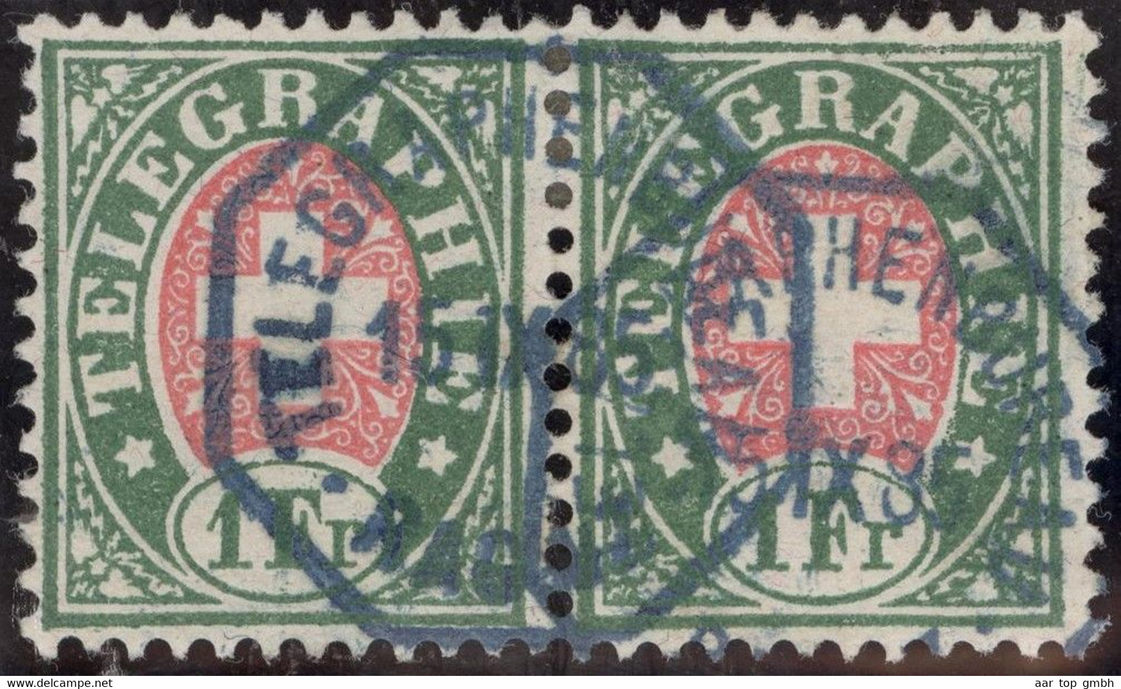 Heimat SG RAGAZ 1885-09-15 Blauer Telegraphen-Stempel Auf Paar 1Fr. Zu#17 Telegraphen-Marke - Telegraafzegels