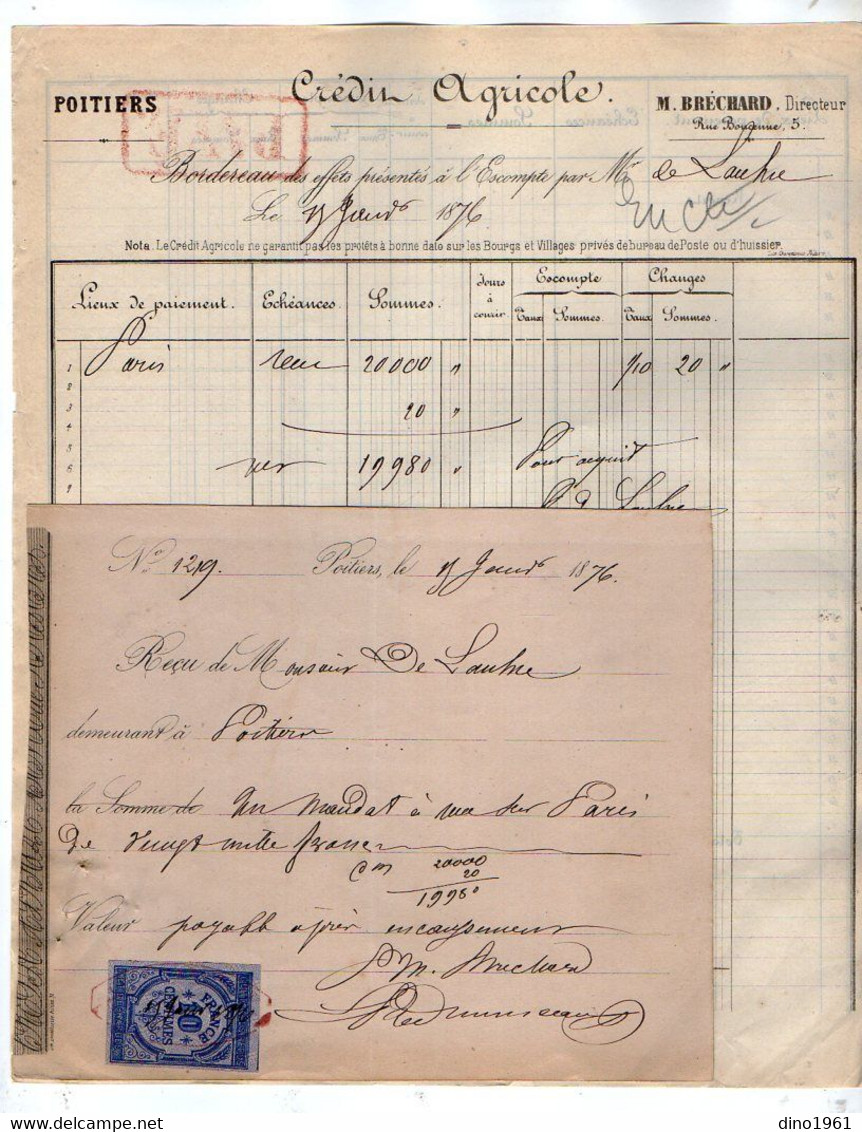 VP18.837 - 1876 - Reçu & Bordereau - Crédit Agricole M.BRECHARD Directeur à POITIERS - Banque & Assurance