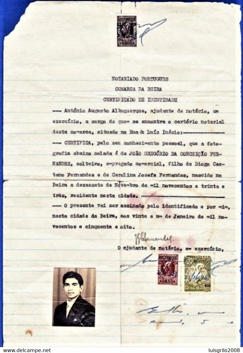 Fiscal/ Revenue, Moçambique 1958 - Certificado Autenticação Fotografia -|- 2 Revenue Stamps + 1 Assistência - Covers & Documents