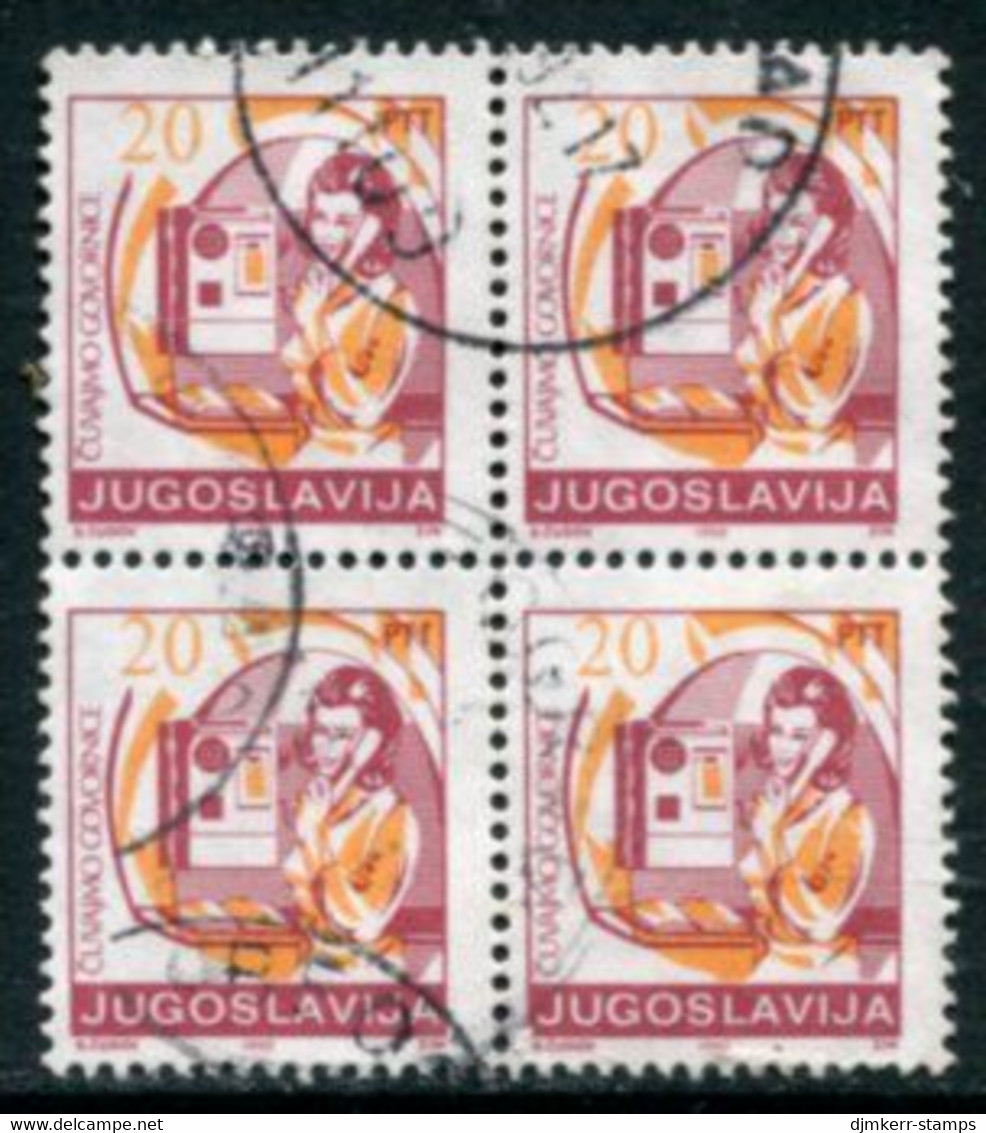 YUGOSLAVIA 1992Postal Services Definitive 20 D. Block Of 4  Used.  Michel 2520 - Used Stamps