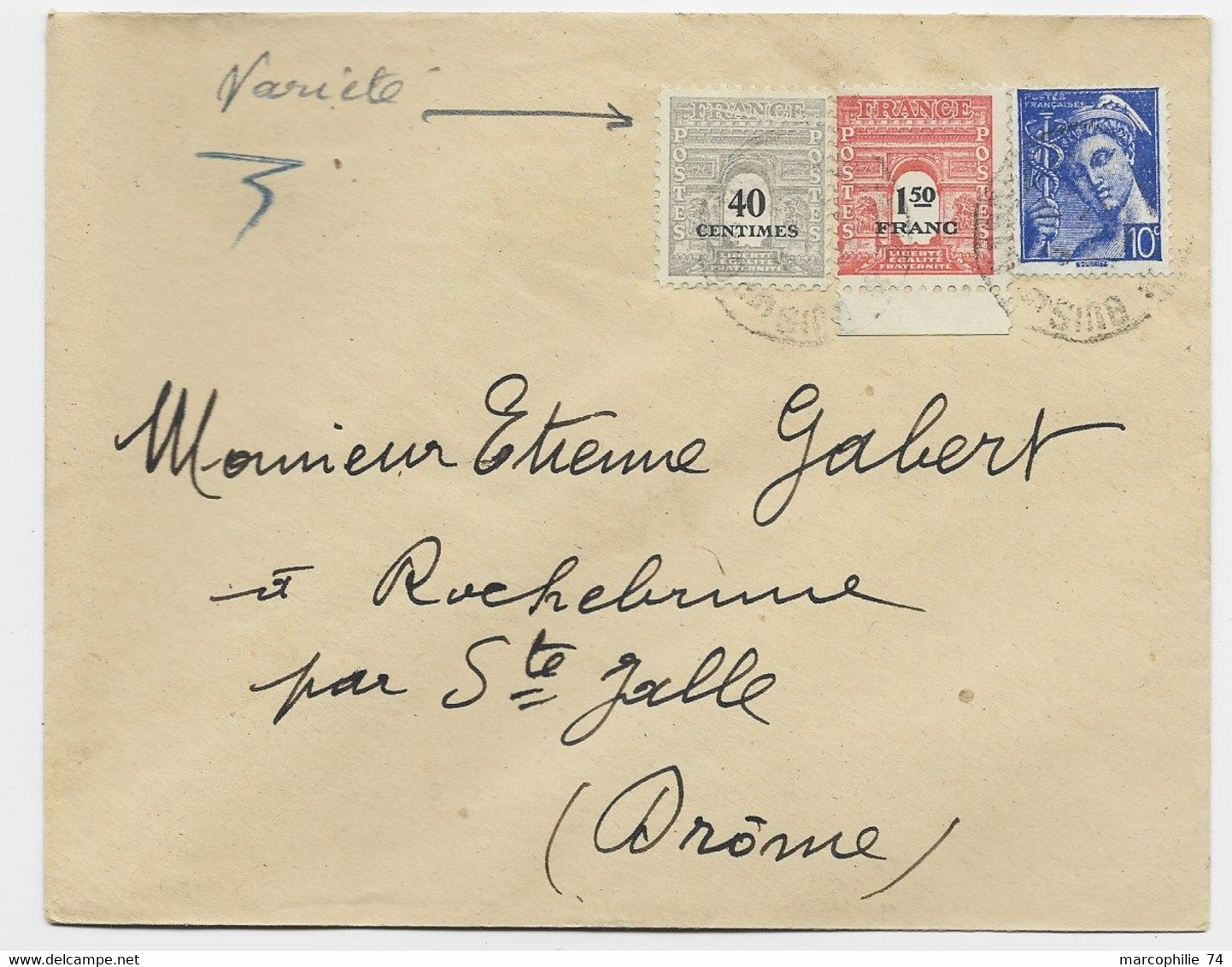 FRANCE ARC TRIOMPHE 40C VARIETE + 1FR50 +10C MERCURE LETTRE - 1944-45 Arc Of Triomphe