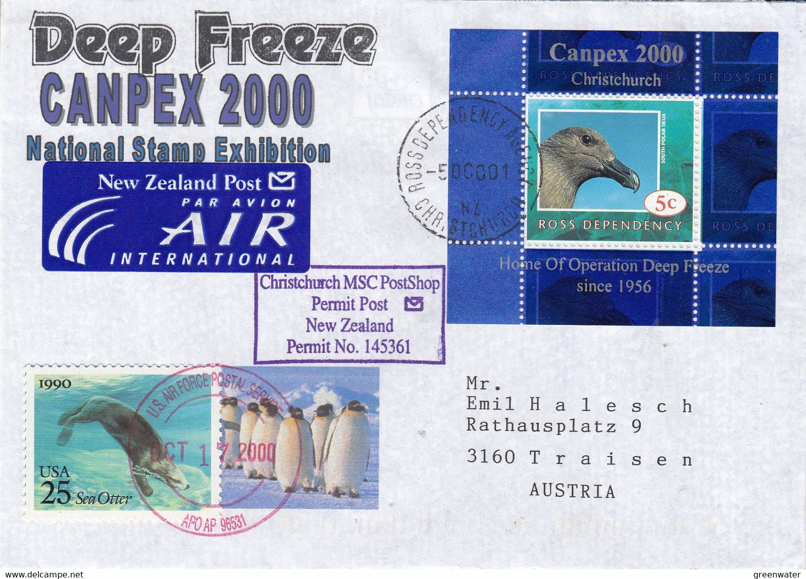 Ross Dependency 2000 Canpex Deep Freeze Ca Ross Dependency Christchurch 5 OCT 2001 Ca US Air Force (GPA121C) - Covers & Documents