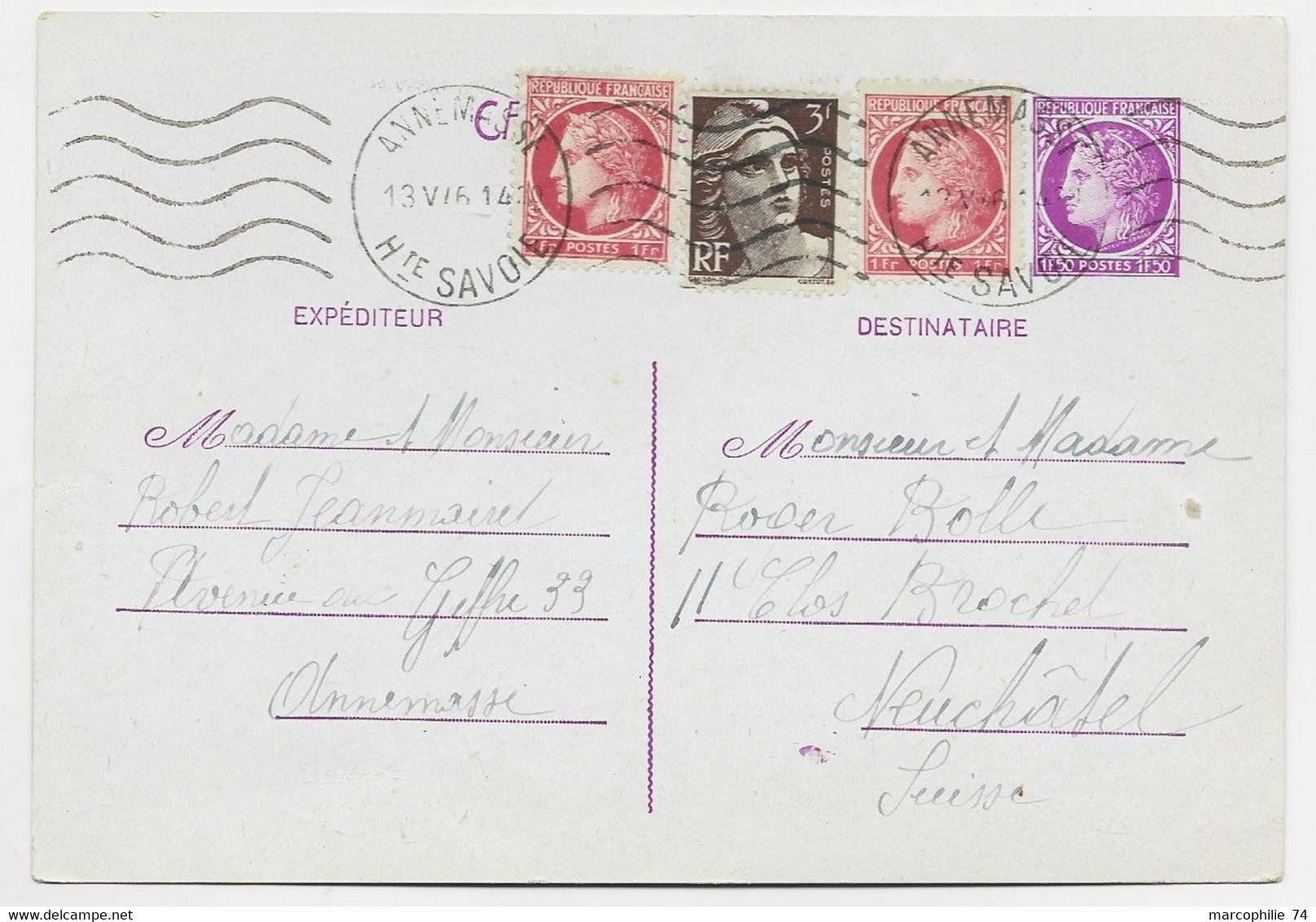 FRANCE MAZELIN ENTIER 1FR50 VIOLET CP +1FRX2+ 3FR GANDON BRUN ANNEMASSE 13.V.1946 POUR SUISSE 50C EN TROP - 1945-47 Ceres (Mazelin)