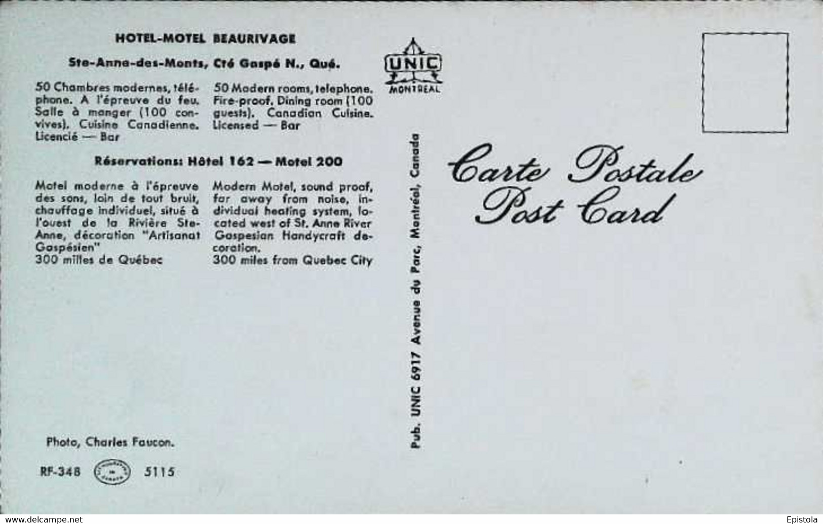 ►   Gaspé (Quebec) HOTEL-MOTEL BEAURIVAGE  Restaurant Cuisine Canadienne 1950s - Gaspé