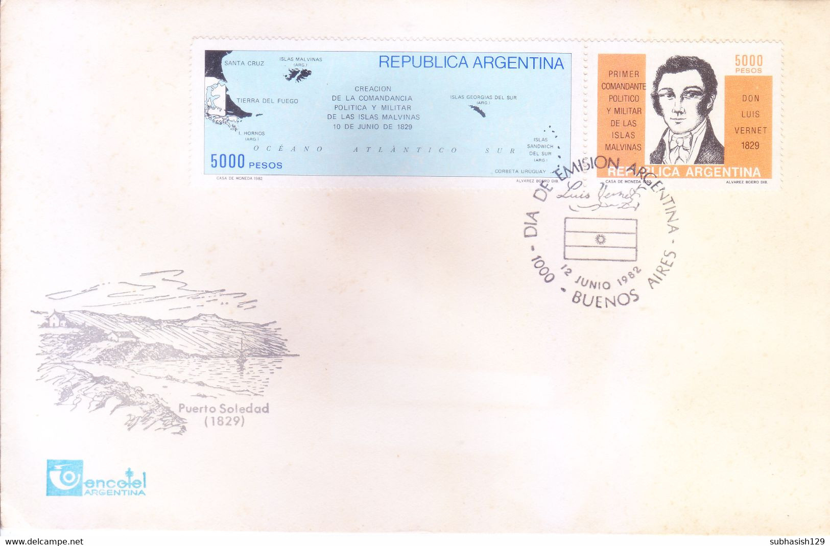 ARGENTINA : FIRST DAY COVER : 12 JUNE 1982 : DON LUIS VERNET, COMMANDAR OF MALVINAS ISLANDS : SET OF 2 : - Lettres & Documents