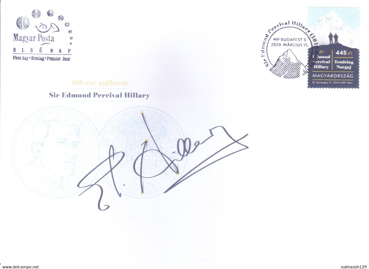 HUNGARY : FIRST DAY COVER : 11 MARCH 2019 : BIRTH CENTENARY OF SIR EDMUND PERCIVAL HILLARY - Brieven En Documenten