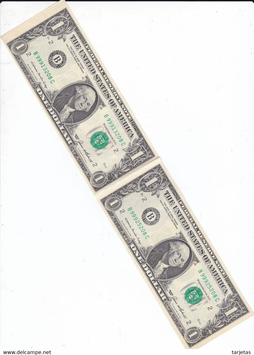 2 BILLETES SIN CORTAR DE ESTADOS UNIDOS DE 1 DOLLAR DEL AÑO 1985 LETRA B NEW YORK  (BANK NOTE) - Biljetten Van De  Federal Reserve (1928-...)